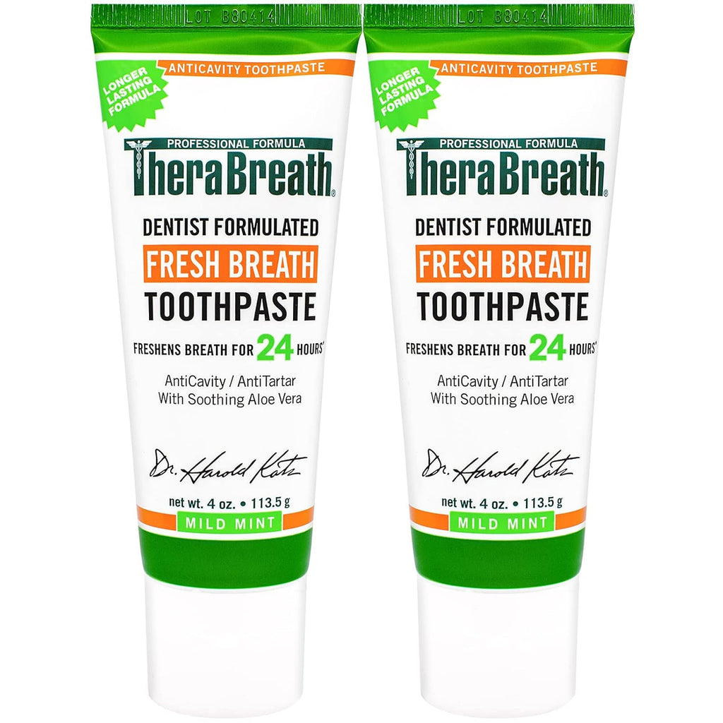 TheraBreath Dry Mouth Oral Rinse, Tingling Mint, Dentist Formulated, 16 Fl Oz (2-Pack) & Fresh Breath Dentist Formulated 24-Hour Toothpaste, Mild Mint, 4 Ounce (Pack of 2)