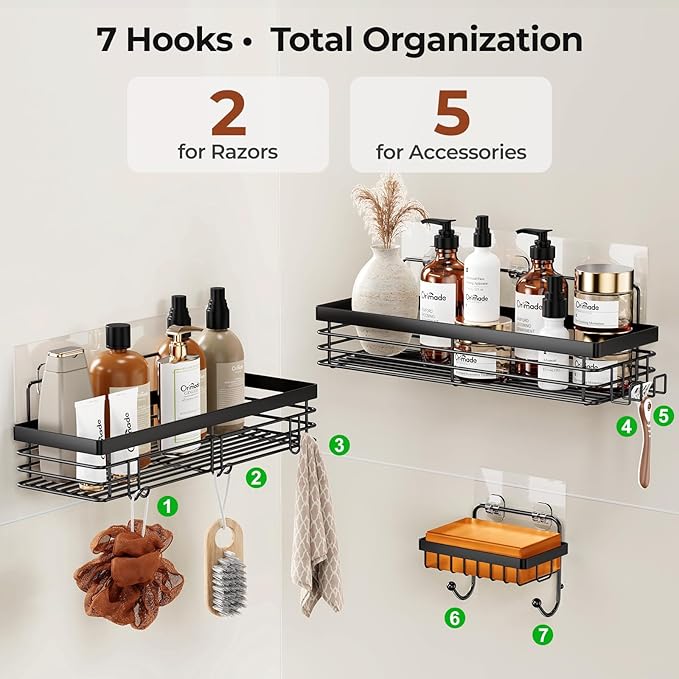 Orimade Adhesive Shower Caddy Soap Dish Holder Shelf with 5 Hooks Bathroom Organizer Basket Kitchen Storage Rack Wall Mounted No Drilling Stainless Steel - 3 Pack, Black