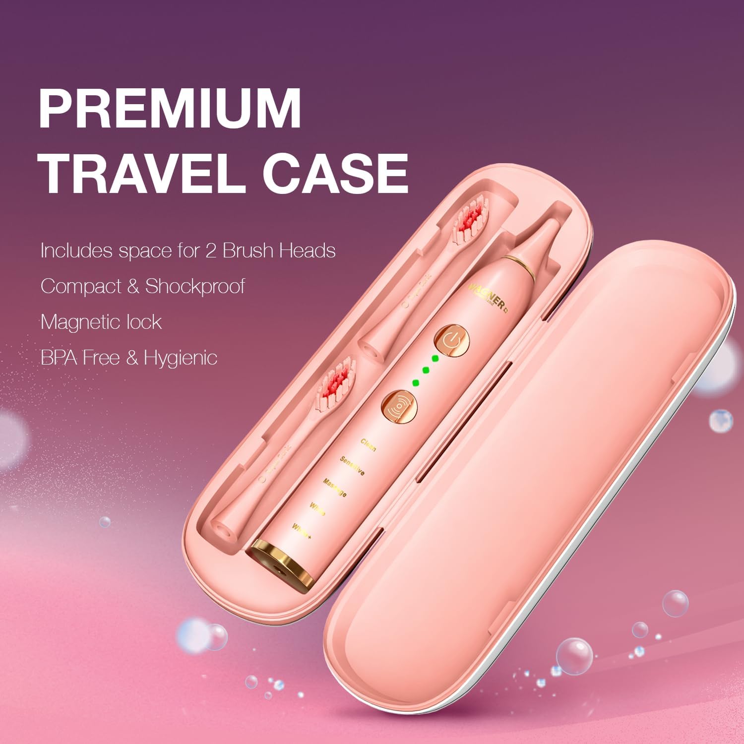 Wagner Stern WHITEN+ Edition. Whitening Electric Toothbrush with Pressure Sensor. Offers 5 Brushing Modes, 3 intensities, 8 Soft Brush Heads, and a Luxury Travel case.