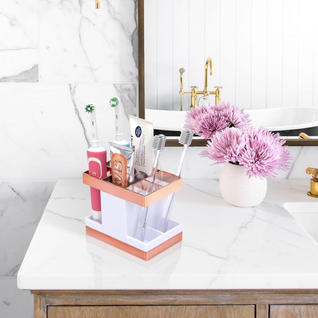 Chintu Kids Toothbrush Holder Set Rust Free Family Toothpaste Holder for Bathroom Countertop, Plastic Toothbrush Organizer Stand, Electric Toothbrush Holder Bathroom Shower Accessories Withe/Rose Gold