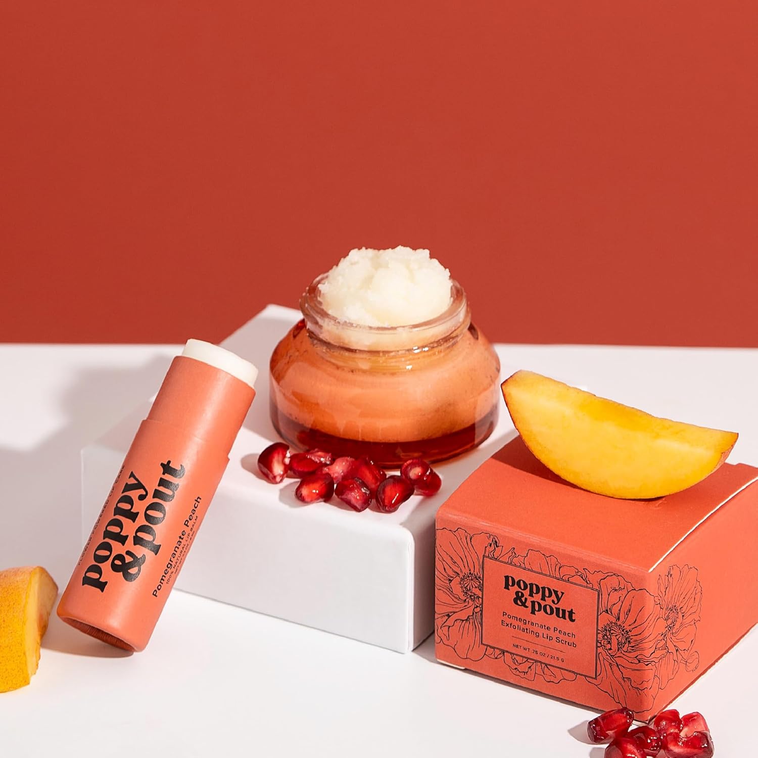 Poppy & Pout Lip Care Set | Lip Balm & Scrub | Sustainable Cardboard Tubes & Glass Jars, All Natural, Beeswax, Coconut Oil, Cruelty Free, Exfoliating & Moisturizing Lip Treatment (Pomegranate Peach)