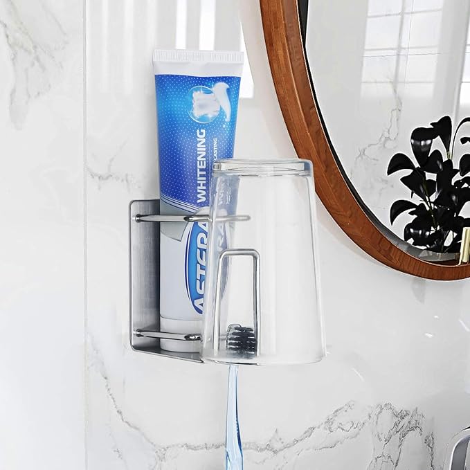 Stainless Steel Adhesive Wall Mounted Toothbrush Holder, 3 in 1 Organizer for Toothbrush, Toothpaste, and Cup (Silver (2 Pack))