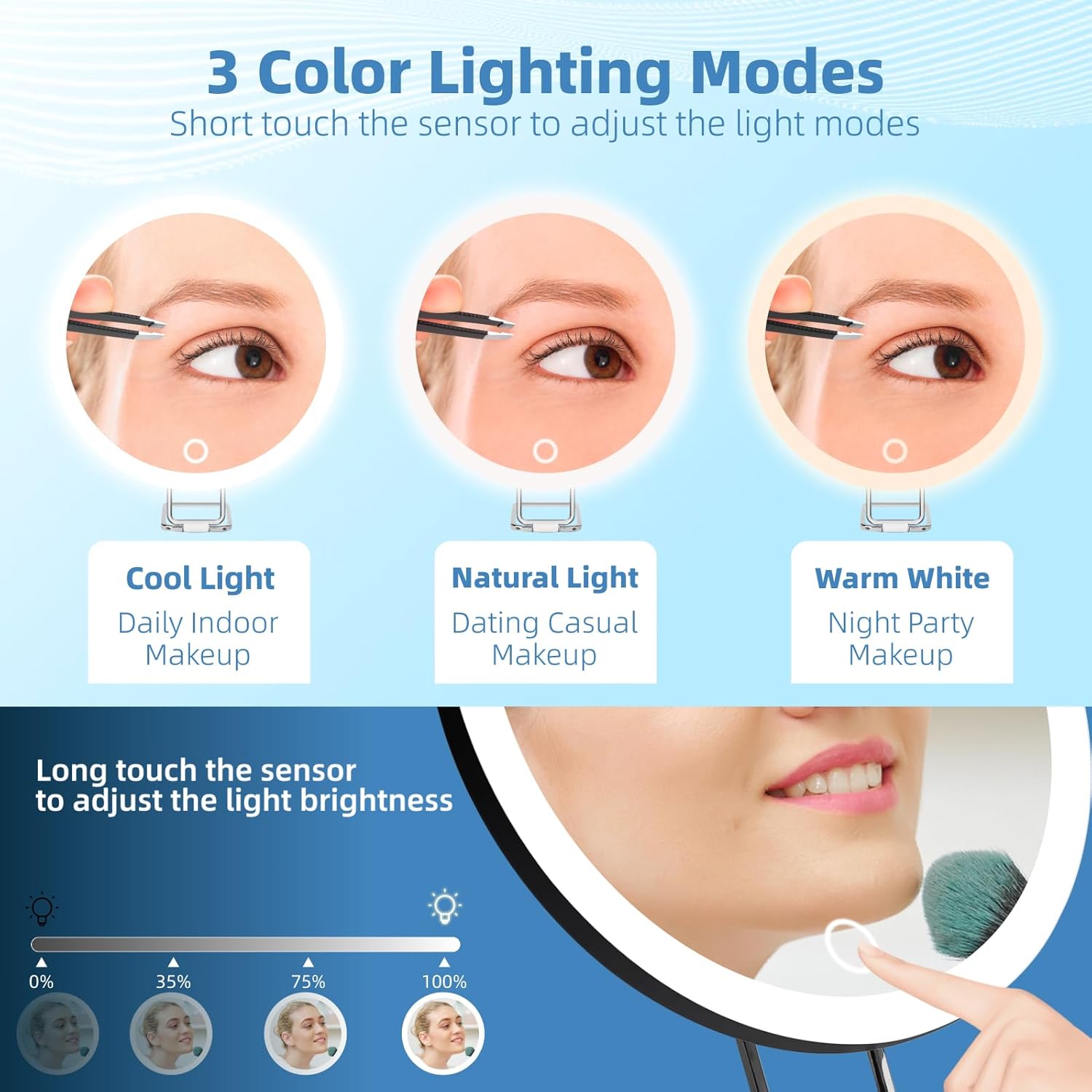 20X Magnifying Mirror with Light, Large 6'' Rechargeable 3 Colors Dimming Lighted Magnified Mirror with 3 Suction Cups and 360° Table Stand, Vanity Makeup Mirror with Tweezers & Scissors