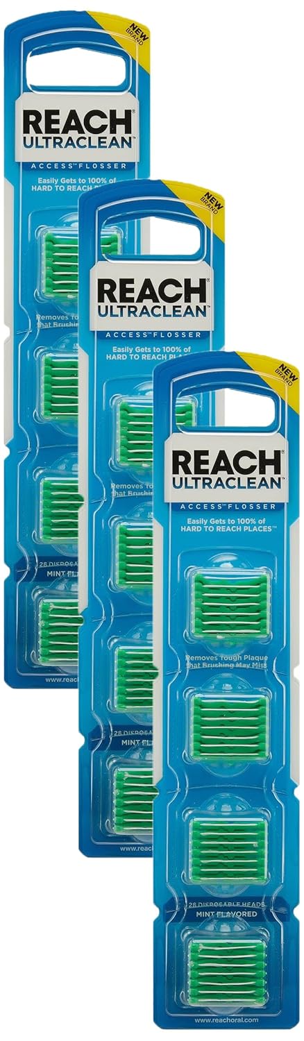 REACH® Listerine Ultraclean Access Flosser Refill Heads | Dental Flossers | Refillable Flosser | Effective Plaque Removal | Mint Flavored | 28 ct, 3 Pack, Package May Vary