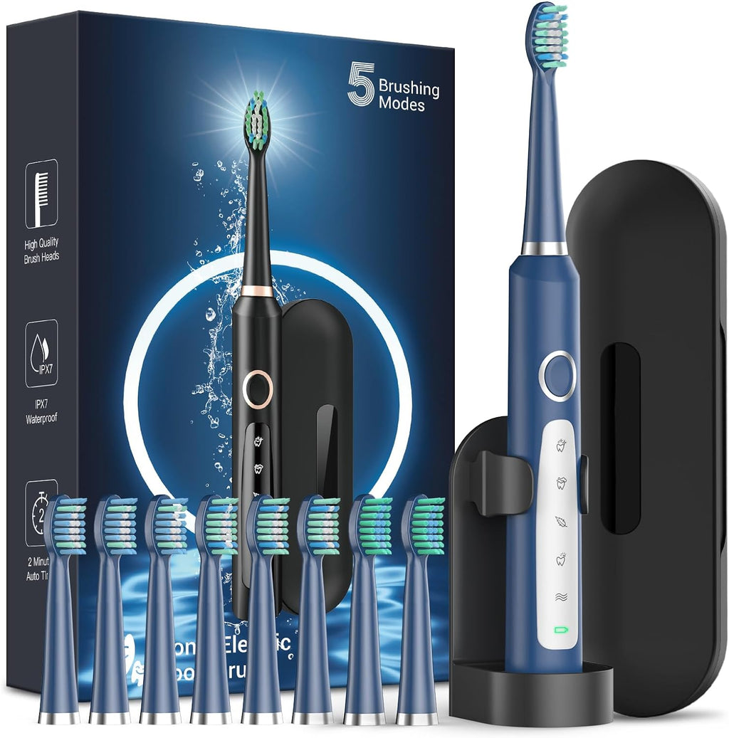 Rtauys Sonic Electric Toothbrush for Adults - Rechargeable, 41,000 Vibrations per Minute, Teeth Whitening, 8 Brush Heads, 24 Months of Usage, Blue