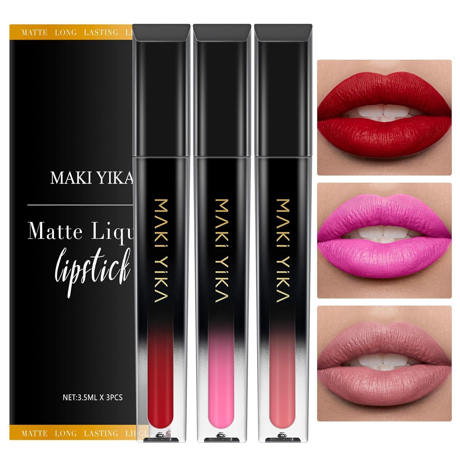 MAKI YIKA 3Pc Matte Lipstick Makeup, Red Pink Nude Lipstick For Women Long Lasting Smudge Proof Non Transfer Lip Makeup Cruelty Free |Red/Pink/Nude