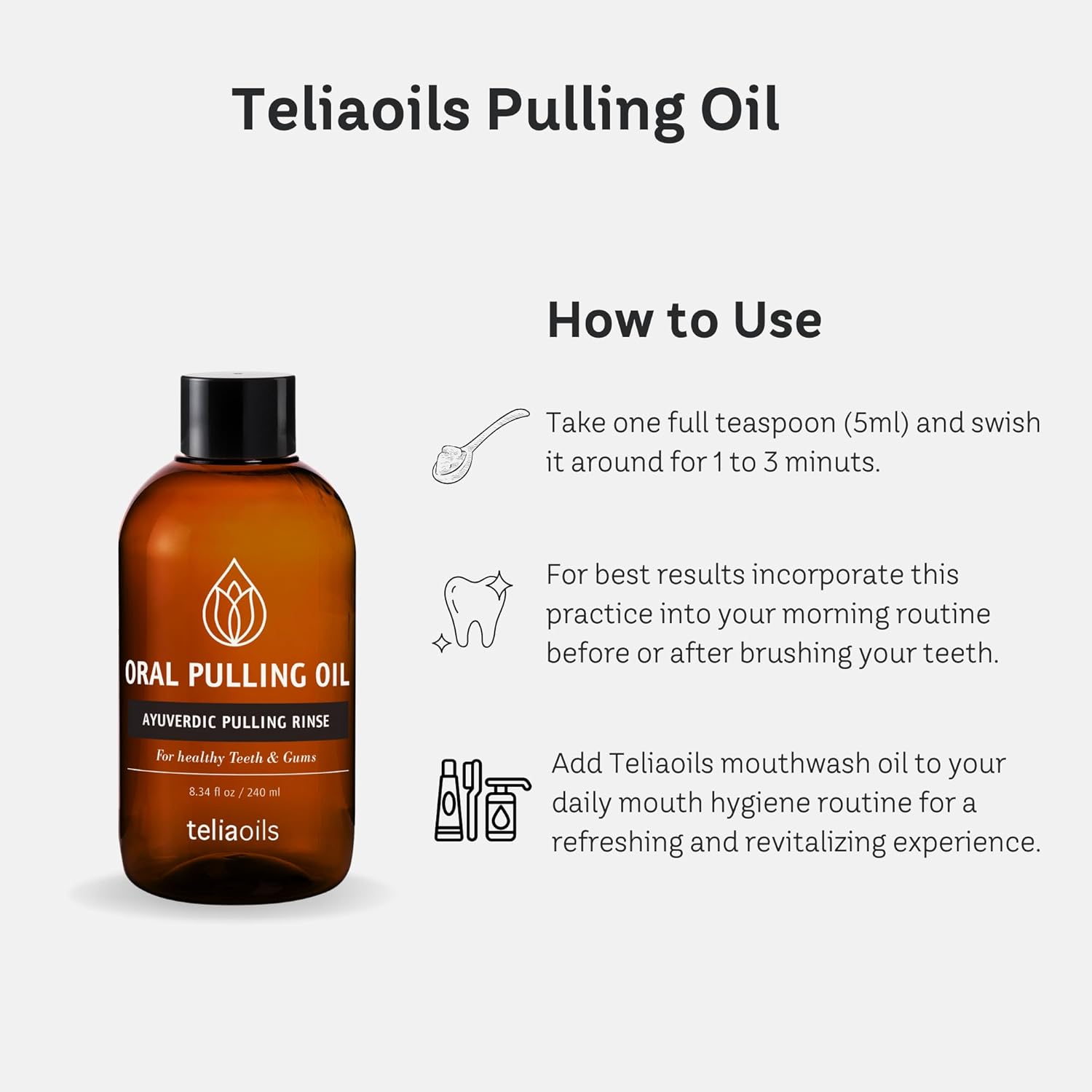 Teliaoils Coconut Pulling Oil (8.34 fl oz / 240 ml) for Mouth, Gums, Tooth – Ayurvedic Dental Mouthwash for Oral Health, Detoxification, Bad Breath – Whitens Teeth & Freshens Breath – Mint Flavor