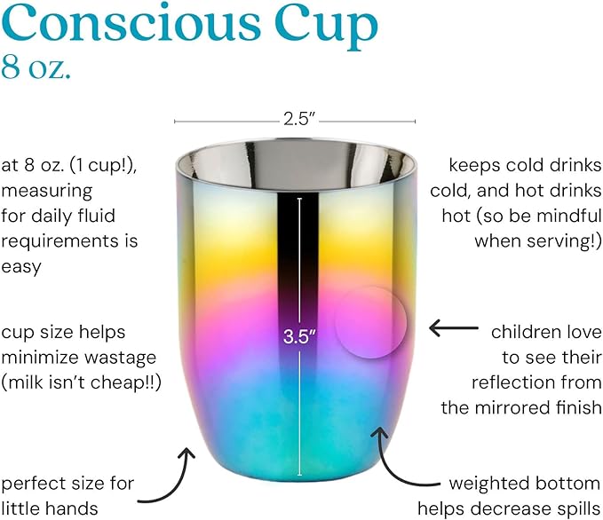Ahimsa Stainless Steel Kids Cups, Pediatrician Designed, Colorful Toddler Cups for Open Cup Training, 8oz, 100% BPA Free & Dishwasher Safe, Rainbow, Set of 4