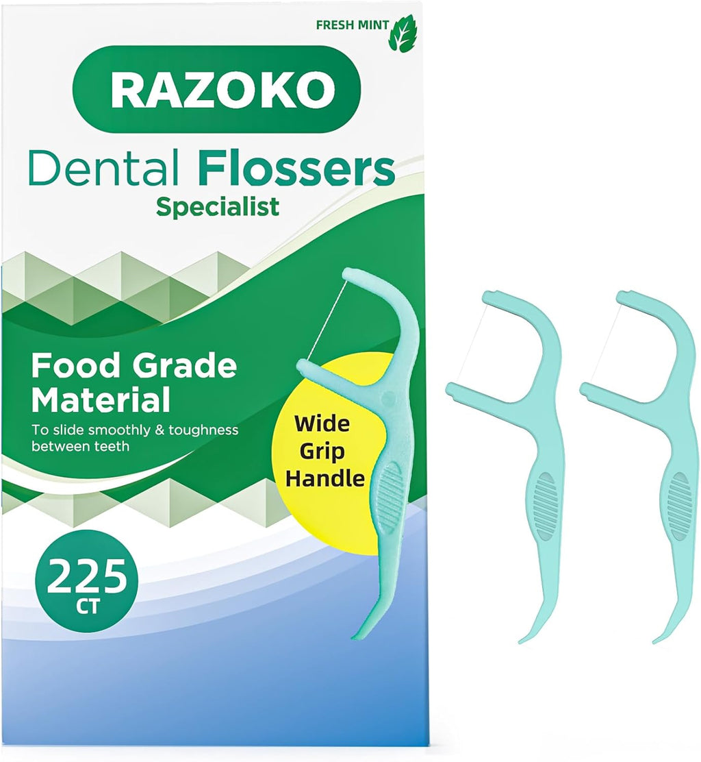 RAZOKO Dental Floss Picks | Toothpick, Shred-Resistant Floss, Easy Grip Handle, Fresh Mint Flavor, 75 Count (Pack of 3)