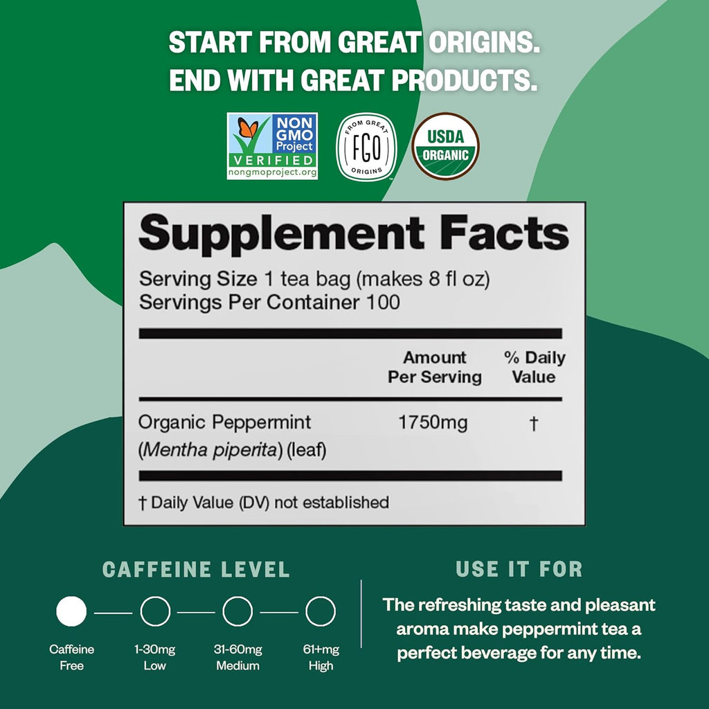 FGO Organic Peppermint Tea, 100 Count, Eco-Conscious Tea Bags, Caffeine Free, Packaging May Vary (Pack of 1)