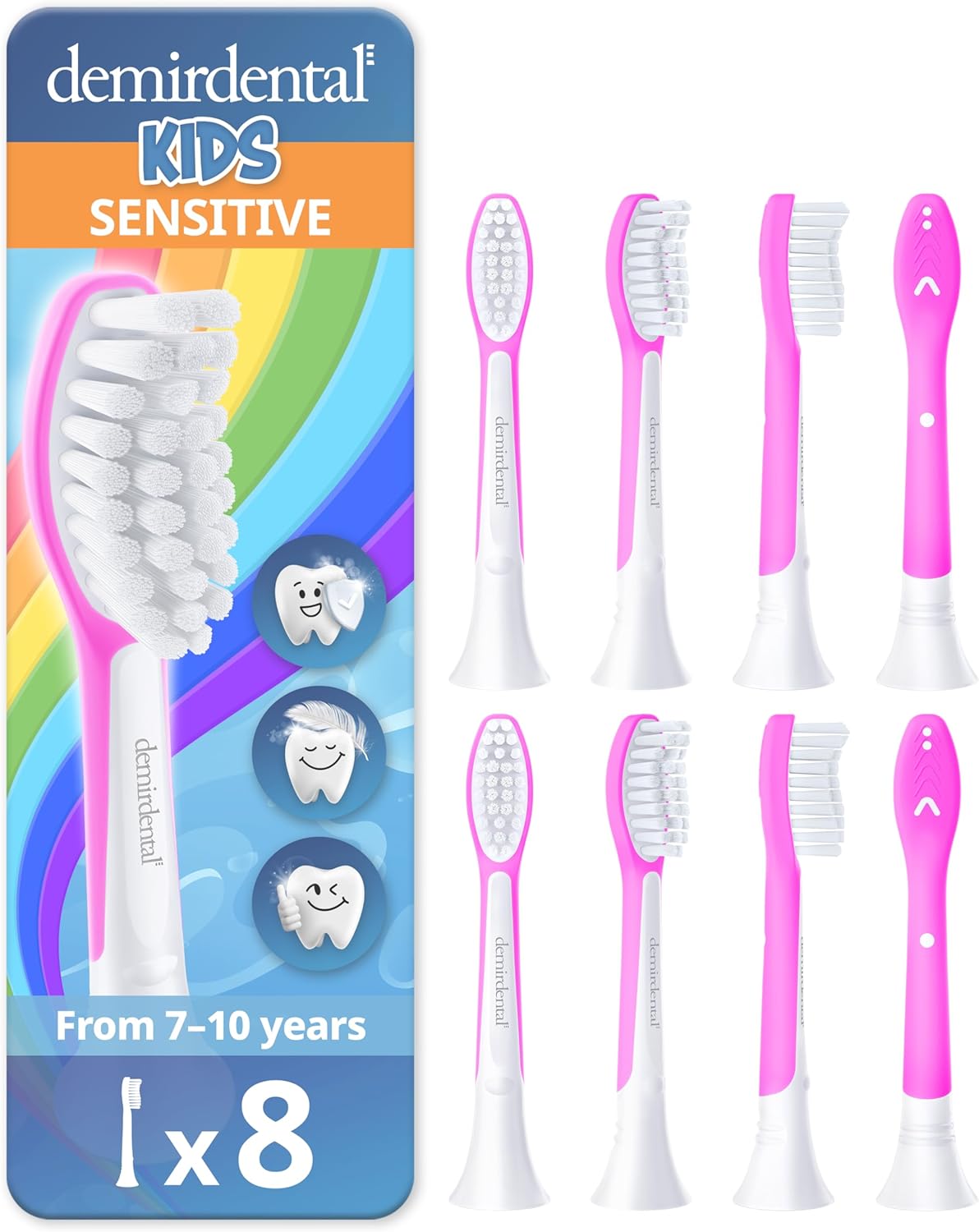 demirdental Kids Toothbrush Heads Compatible with Philips Sonicare Kids Toothbrush Heads - Replacement Heads Sensitive - Brush Heads from Ages 7 to 10 - Magenta - Replaces HX6048-8 Pack