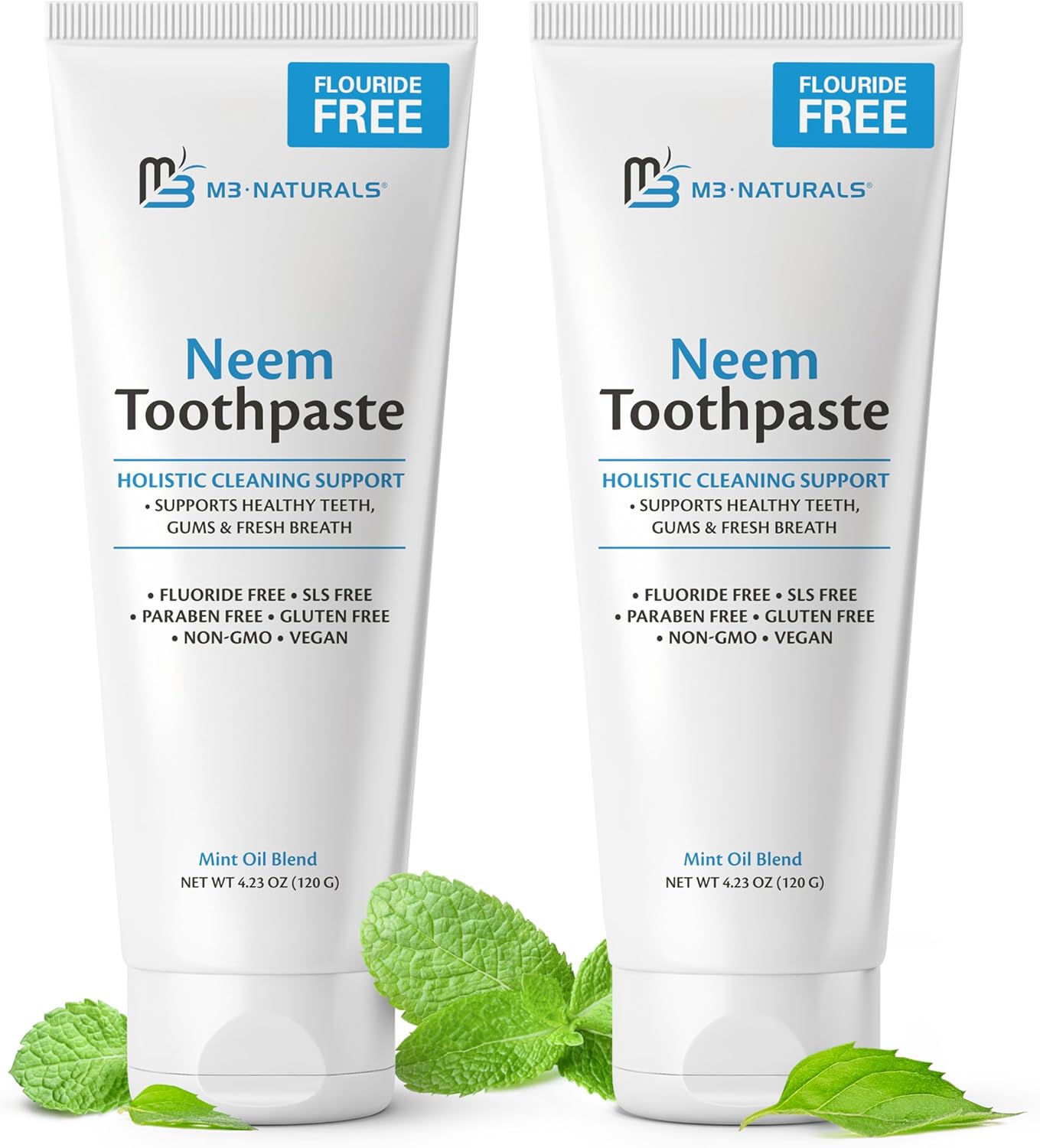 Fluoride-Free Neem Toothpaste with Mint for Adults & Kids with Sensitivity | Vegan, Gluten & SLS Free Herbal Formula for Sensitive Teeth, Healthy Gums and Fresh Breath, 4.23 oz (120 g) Pack of 2 by M3