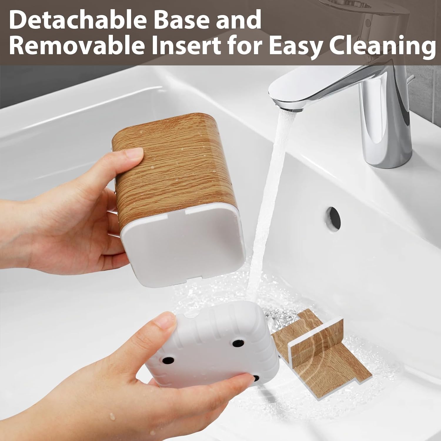 Boperzi Toothbrush Holders for Bathrooms Organizer Countertop, Detachable Anti-Slip Electric Toothbrush Holders for Kids, Toothbrush and Toothpaste Holder Storage Caddy Drainage for Shower Wood Grain