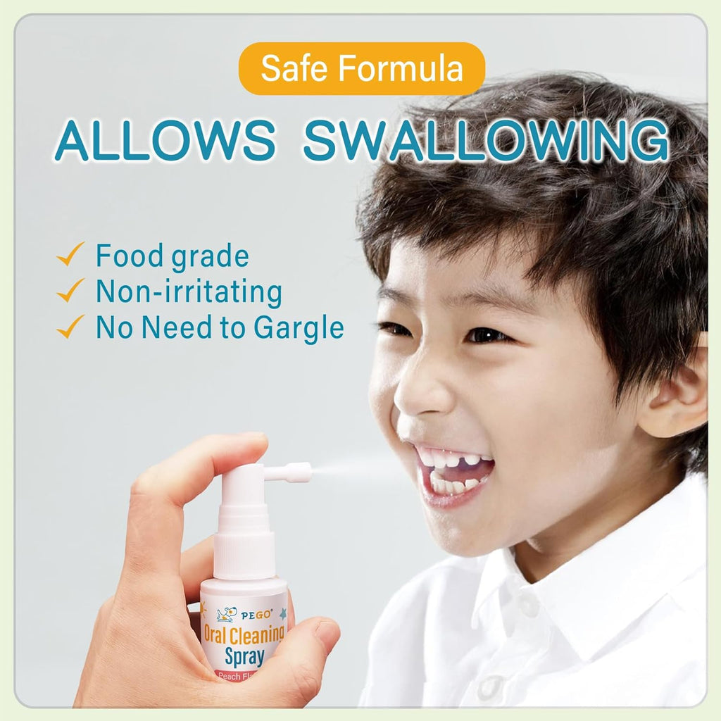 PEGO Kids Oral Spray, Toddler Toothpaste Helper for Fresh Breath，Kid's Mouth Spray with Fluoride Free for Newborn to 12 Years (2Pack, Peach)