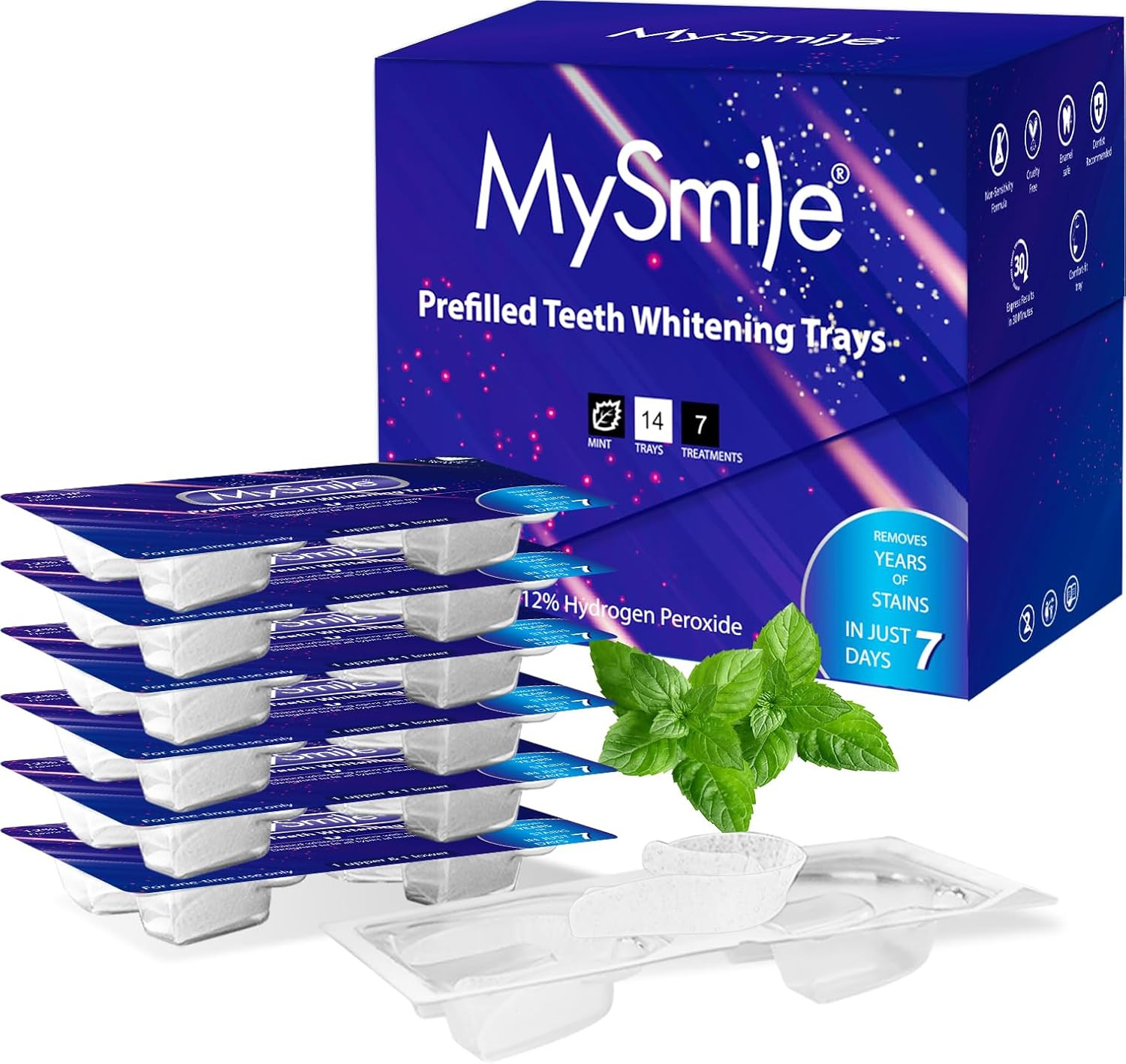 MySmile 7 Treatments Prefilled Teeth Whitening Trays Kit with 12% Hydrogen Peroxide Whiter Gel for Sensitive Tooth, Fast-Result Vegan Teeth Whitener Tooth Stain Remover, Mint Flavor