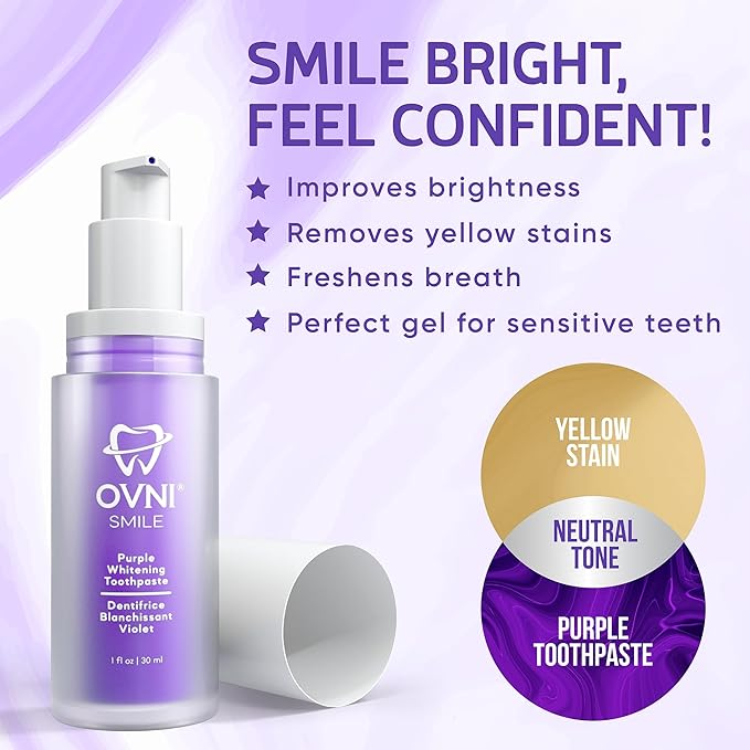 OVNI® SMILE Purple Whitening Toothpaste for Sensitive Teeth – Color Corrector for Yellow Stains – Fluoride-Free, Enamel Safe, Vegan & Gentle – 30ml Toothpaste for Teeth Whitening