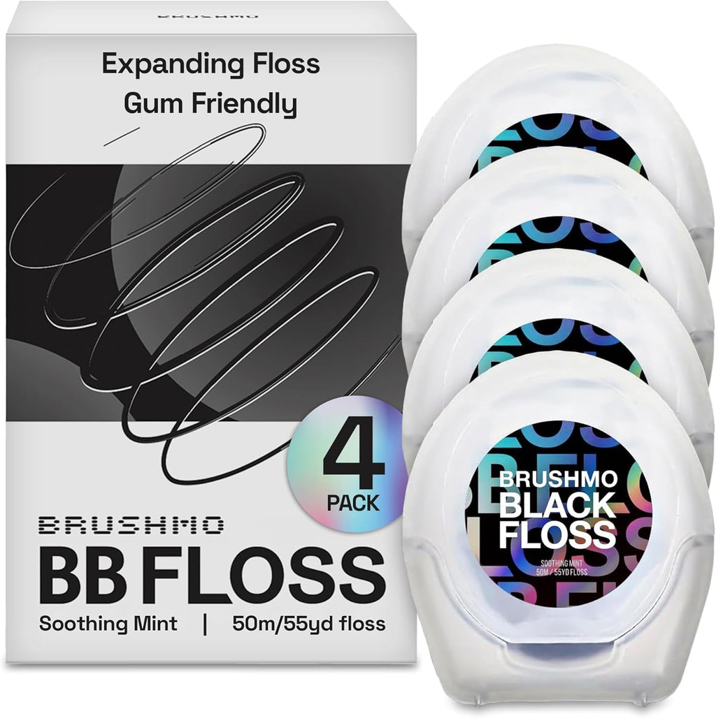 Brushmo Black Floss (BBFloss) - Expanding Floss, Gum-Friendly Soothing Mint Dental Floss, Natural Vegan Wax to Remove Plaque from Teeth, Dentist Designed PTFE & PFAS Free Oral Care, 4 Spools, 220 yd