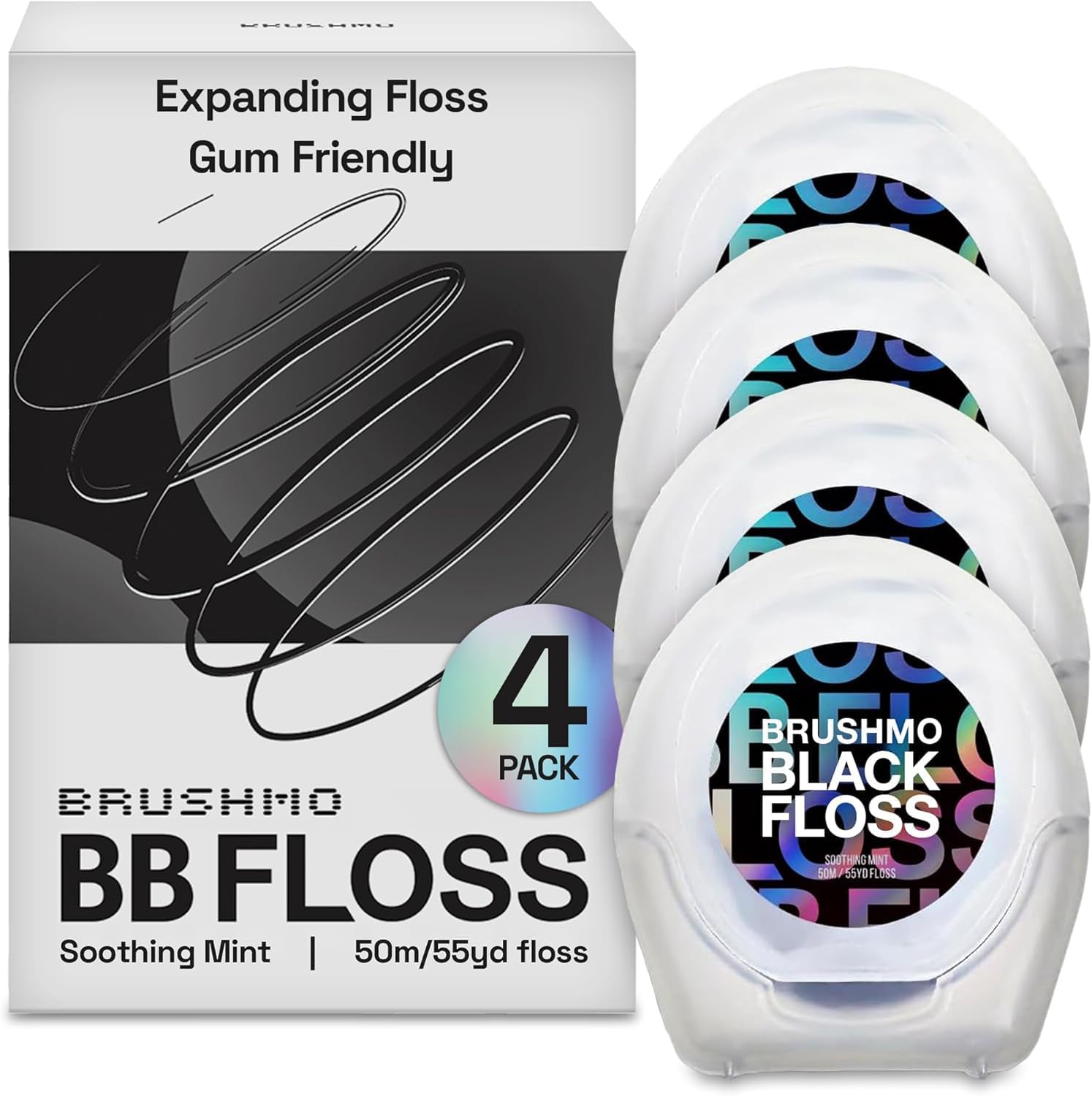 Brushmo Black Floss (BBFloss) - Expanding Floss, Gum-Friendly Soothing Mint Dental Floss, Natural Vegan Wax to Remove Plaque from Teeth, Dentist Designed PTFE & PFAS Free Oral Care, 4 Spools, 220 yd