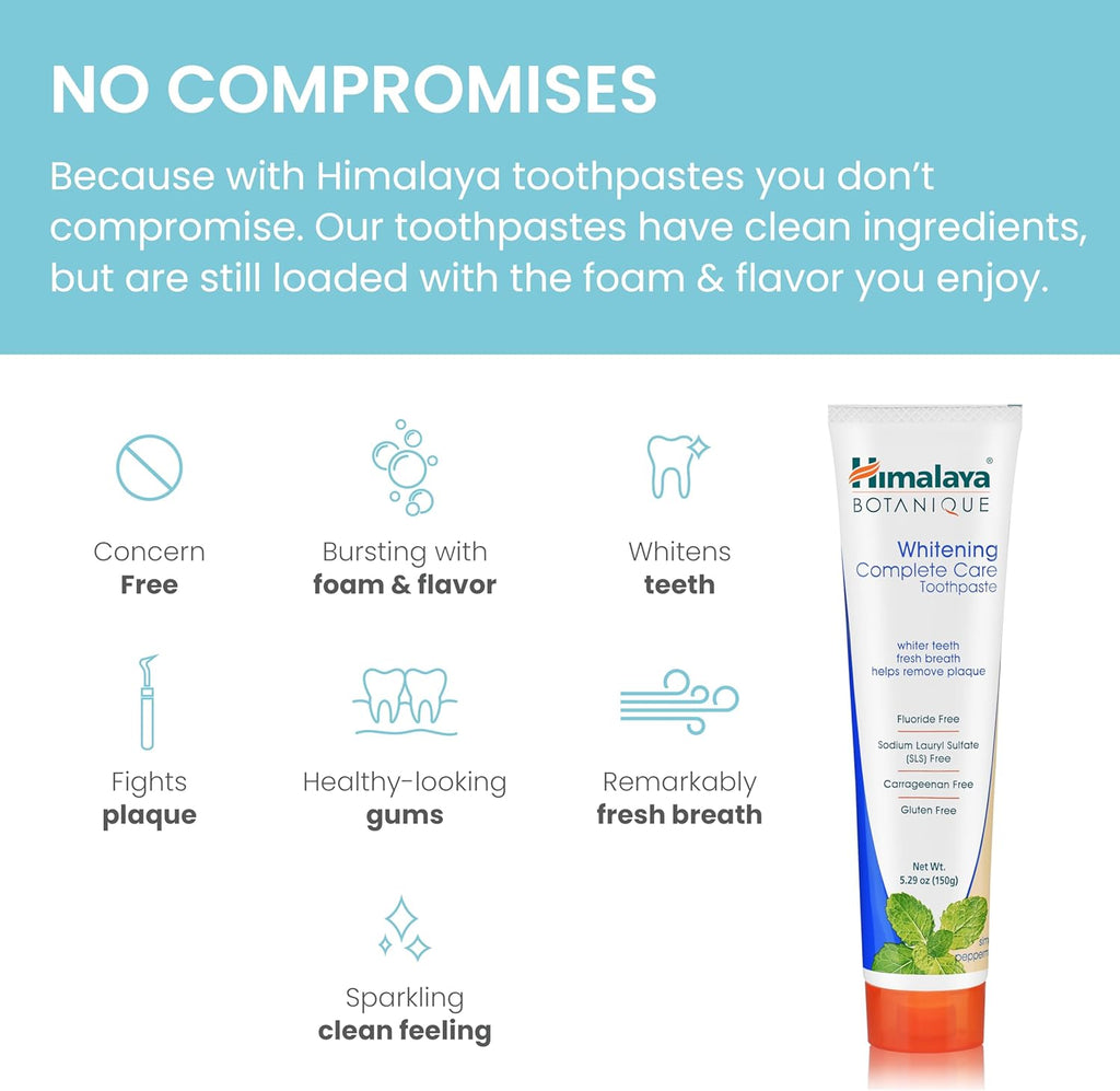 Himalaya Botanique Whitening Complete Care Toothpaste, Peppermint Flavor - Whitening Toothpaste Without Fluoride for Brighter Teeth & Fresh Breath - Vegan, Gluten Free, 5.29 oz