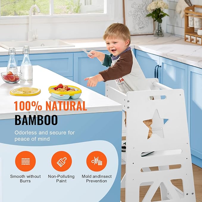 VEVOR Tower Step Stool, 3-Level Height Adjustable Toddler Step Stools for Kids, Bamboo Kitchen Stool, Standing Tower Learning Stool with Safety Rail for Kitchen Counter Bathroom, 350LBS, White