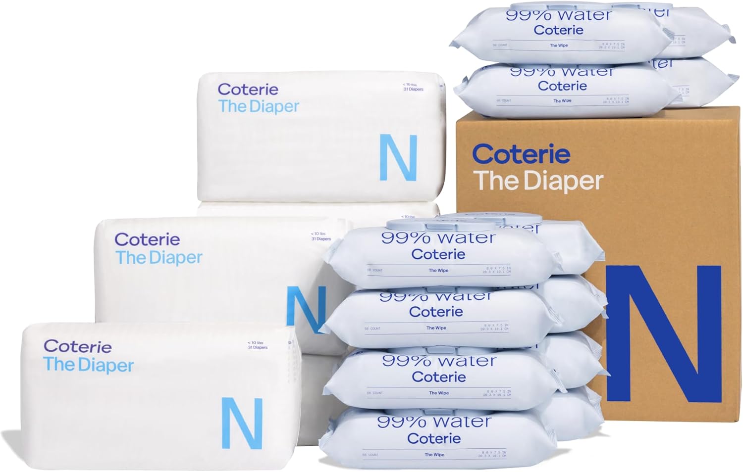 Coterie Baby Wipes + Diapers Kit, Size Newborn Diapers (186 Count) & 12 Pack (672 Count) Baby Wipes with 99% Water, Plant Based Materials, Hypoallergenic for Sensitive Skin