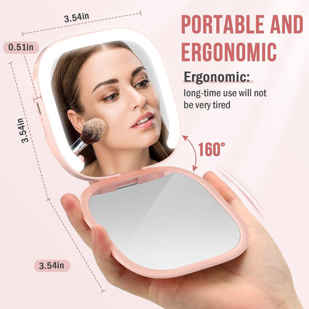 MY BEAUTY LIGHT Bright Compact Mirror with Durable Rechargeable 1X/3X Magnifying Light, 3000K-6000K Travel Makeup Mirror with Lights for Handbag Purse Pocket (Pink)