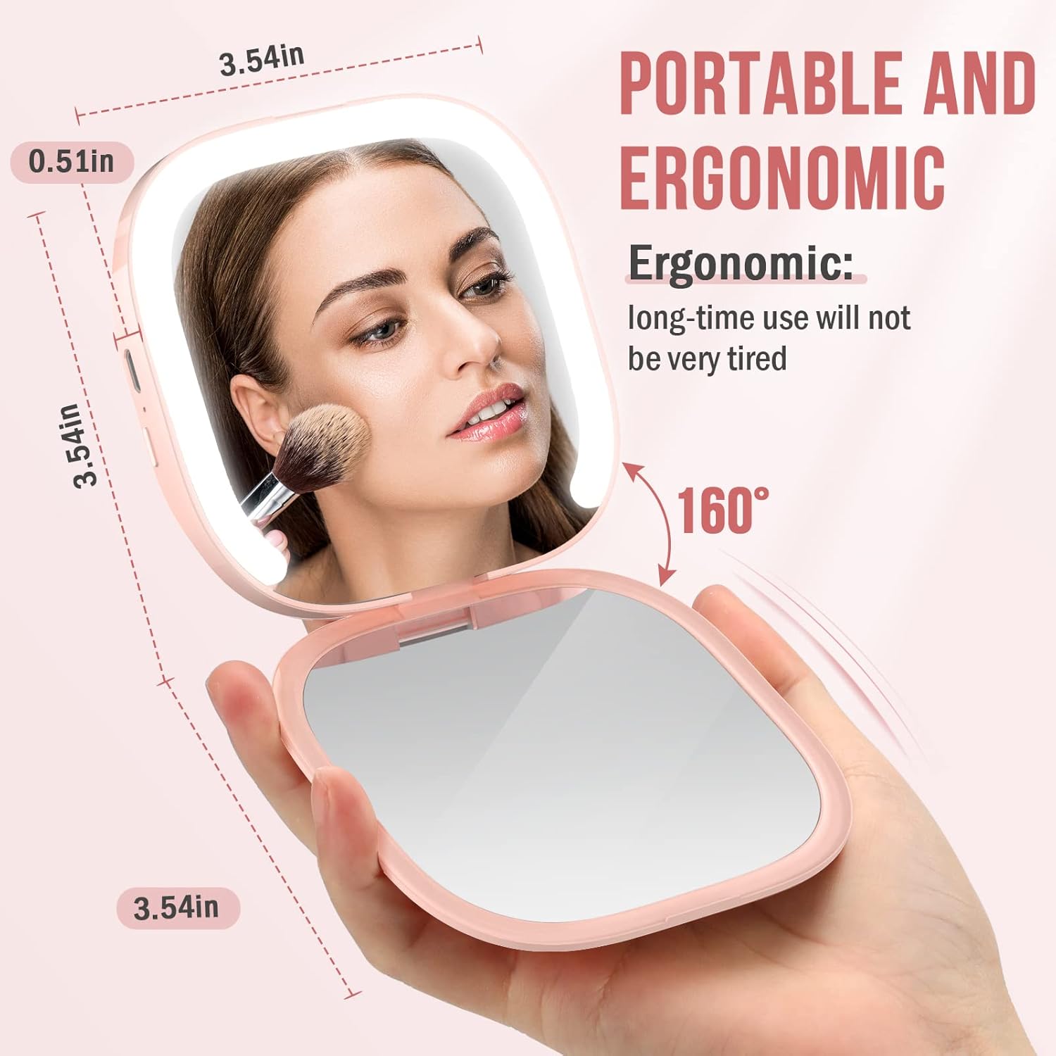 MY BEAUTY LIGHT Bright Compact Mirror with Durable Rechargeable 1X/3X Magnifying Light, 3000K-6000K Travel Makeup Mirror with Lights for Handbag Purse Pocket (Pink)