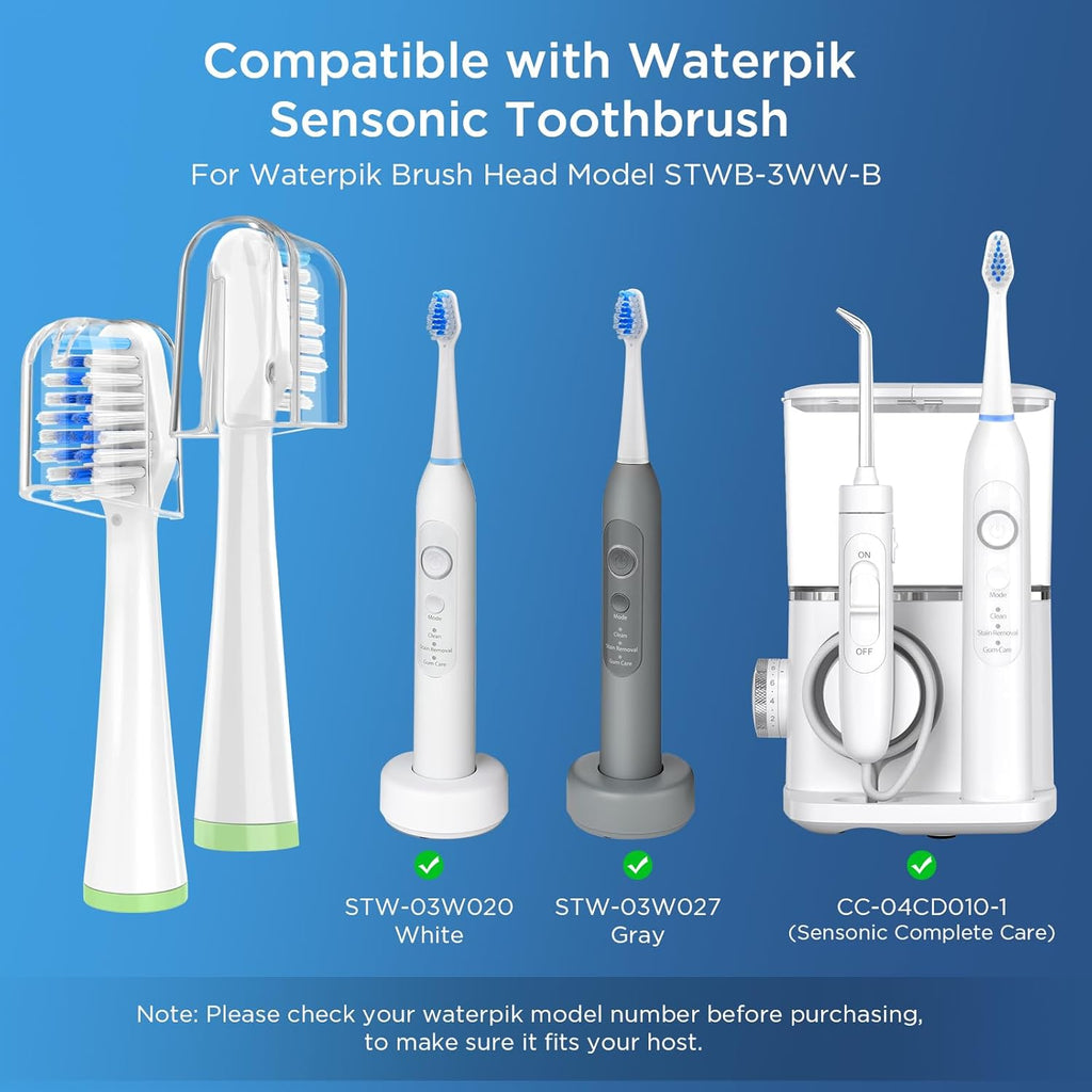 4 Pack Toothbrush Replacement Heads for Waterpik Sensonic Complete Care CC-04CD010-1, and for Waterpik Sensonic Electric Toothbrush STW-03W020/STW-03W027, with Cover for White STWB-3WW-B