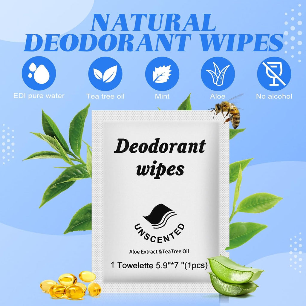 Travel Deodorant Wipes Individually Wrapped,Body Wipes to Clean Skin for Women Men（Unscented,pack of 50)