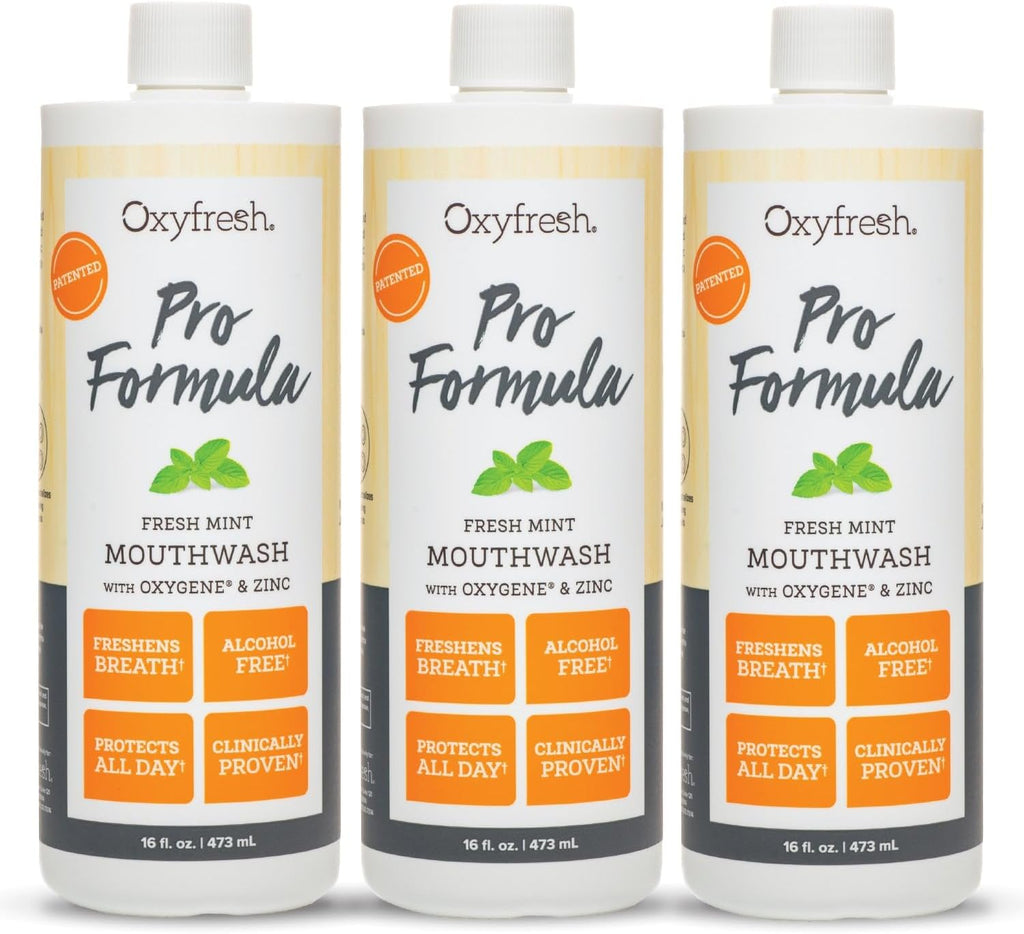 Oxyfresh Pro Formula Fresh Mint Mouthwash – Patented Zinc Mouthrinse for Fresh Breath, Healthy Gums & Bad Breath Treatment for Adults - Dye, Fluoride & Alcohol Free (16 oz Pack of 3)