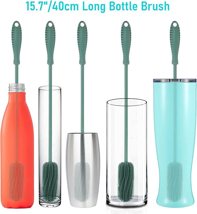 15.7" Silicone Bottle Brush, ddLUCK Water Bottle Cleaner Brush for Stanley, Hydroflasks, Glass, Thermos Sports Bottle, Vase and Glassware, Bottle Brush Cleaner for Small Narrow Neck Containers (Green)