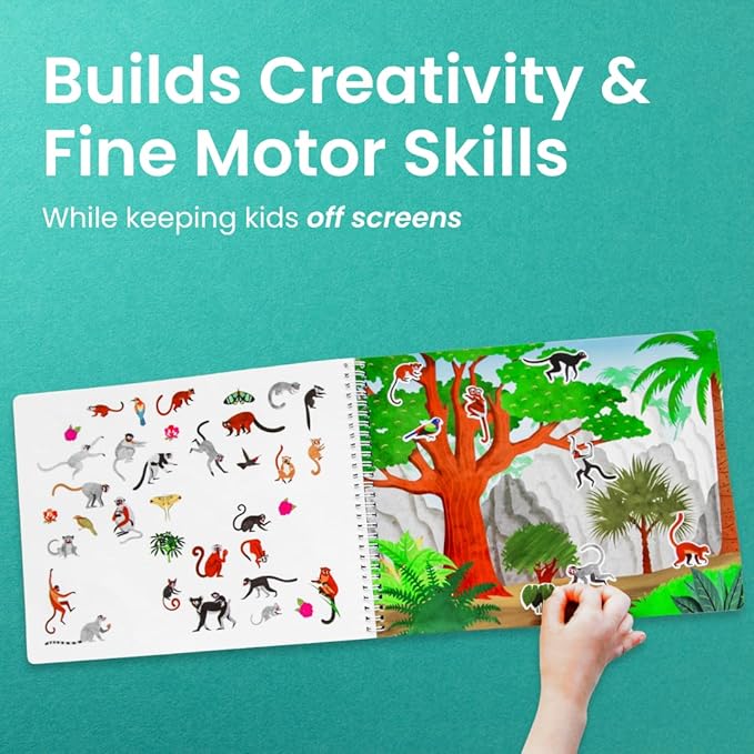 Cupkin Monkey Animal Sticker Book Activity for Kids, Toddler Airplane Travel Essentials, 500+ Animal Stickers for Kids + 12 Scenes + 12 Coloring Book Pages, Monkey Gift, Crafts Ages 2-8