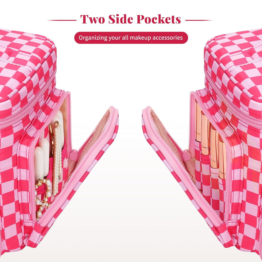 Large Checkered Makeup Bag, Travel Makeup Bag Organizer for Women Girls with Makeup Brush Compartment & Two Side Pockets, Cosmetic Travel Bag Vertical Storage Toiletry Bag- Hotpink