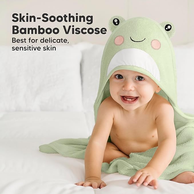 KeaBabies Hooded Baby Towel for Newborn - Viscose Derived from Bamboo Large Baby Bath Towels with Hood for Boys, Girls, Toddler, Extra Absorbent & Soft Newborn Bath Essentials (Frog, Regular)