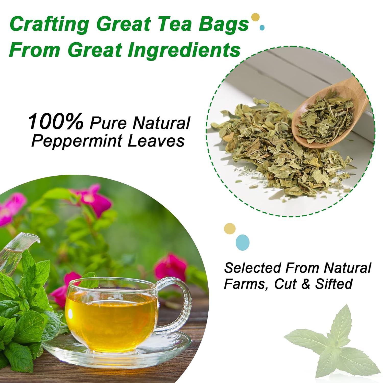 FullChea - Peppermint Tea Bags, 50 Teabags - Premium Peppermint Leaves - Refreshing & Minty - Non-GMO - Caffeine-free - Freshen Breath & Aid Digestion