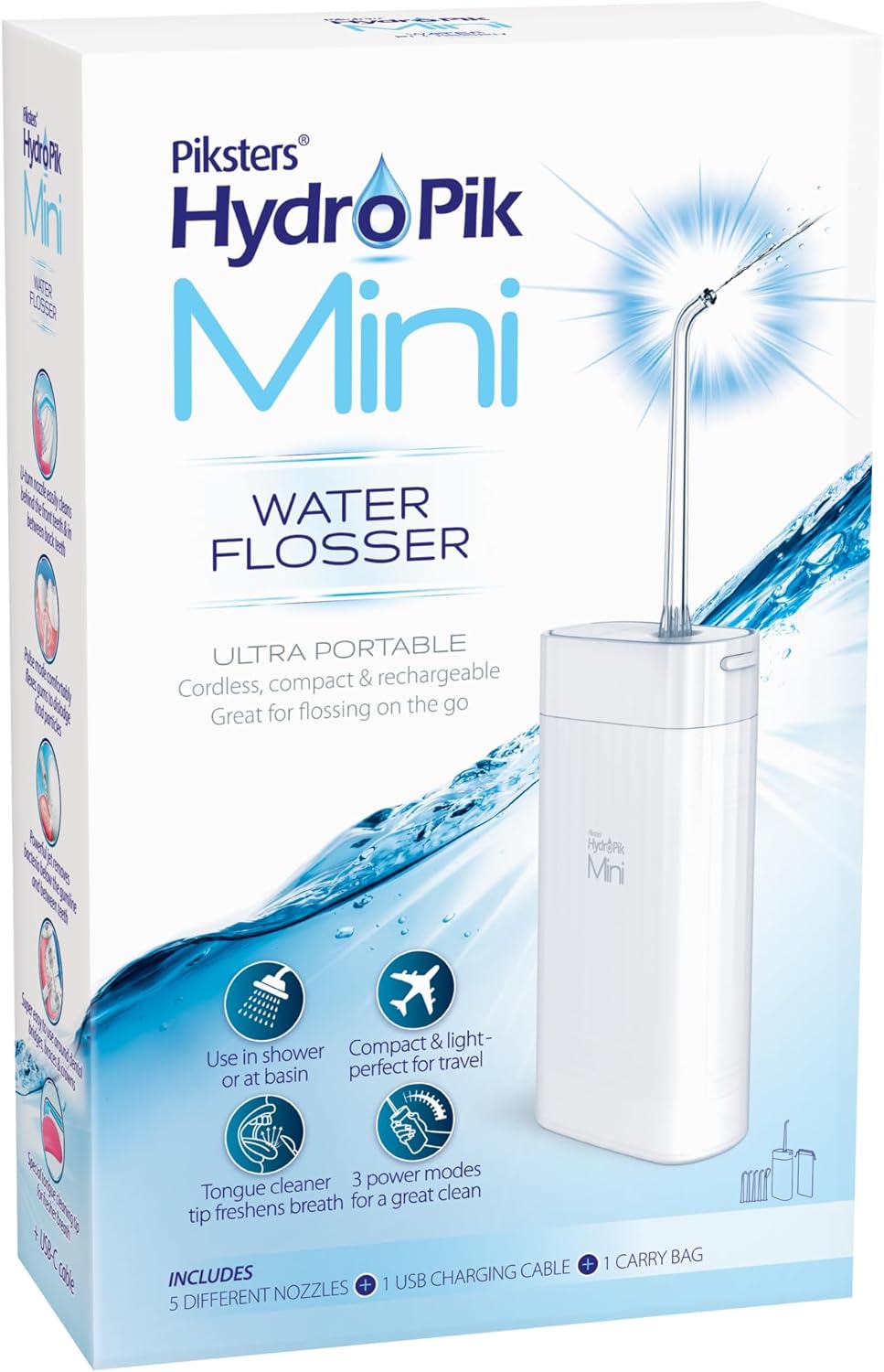 Piksters HydroPik Mini Water Flosser for Travel – Portable Cordless Oral Irrigator with USB-C Charging, 3 Pressure Modes & 5 Tips, Compact & Lightweight for On-The-Go Dental Care, White