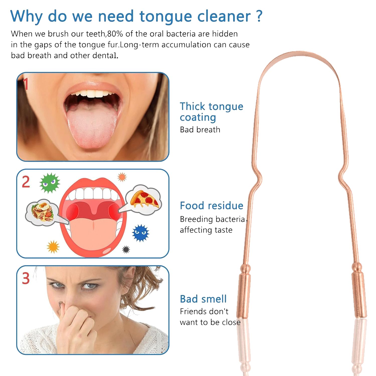 Copper Tongue Scraper (2 Pack), Tongue Cleaner for Reduce Bad Breath, Tongue Scrapers for Adults & Kids, 100% Copper Metal Tongue Scrubber Set for Oral Care & Easy to Use (round-bead)