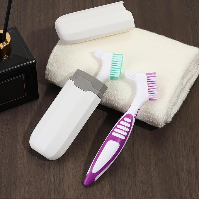 2Pcs Denture Cleaning Brush Kit False Teeth Toothbrushes with 1 White Carrying Case Travel Multi-Layered Soft Bristles Denture Cleaner Ergonomic Rubber Handle(Green and Purple)