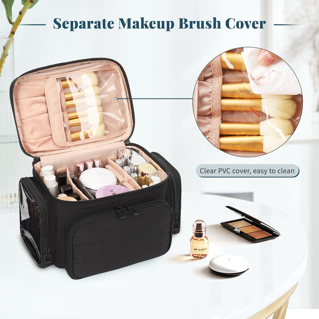 Travel Makeup Bag, Lightweight Large Makeup Bag Organizer for Women Girls with Makeup Brush Compartment & Two Side Pockets, Cosmetic Travel Bag Vertical Storage- Black02
