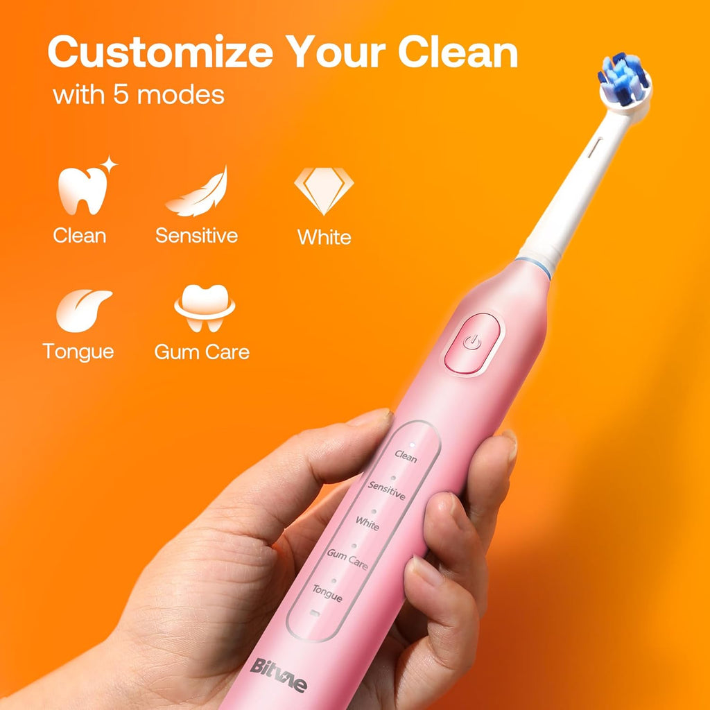 Bitvae R1 Rotating Electric Toothbrush with 8 Brush Heads for Adults and Kids, 5 Modes Rechargeable Power Toothbrush, 3 Hours Fast Charge for 60 Days, Brushing Timer, Pink