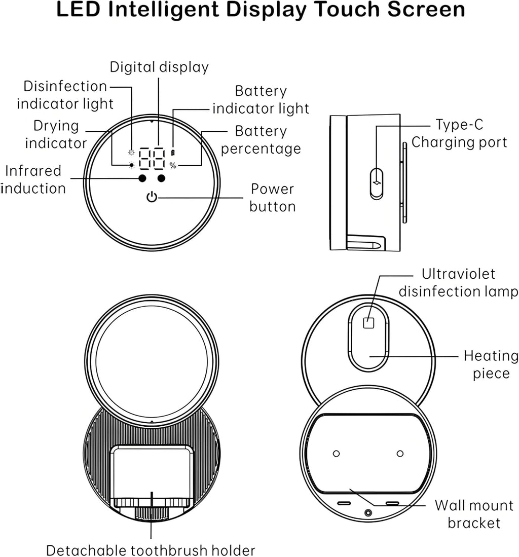 Toothbrush Holders Cleaner & Dryer for Bathroom - Mirror Wall Mounted [Rechargeable, Auto Sensor Open/Close Lid, LED Smart Screen] Adhesive Electric Tooth Brush Razor Holder with Cover for Home Travel