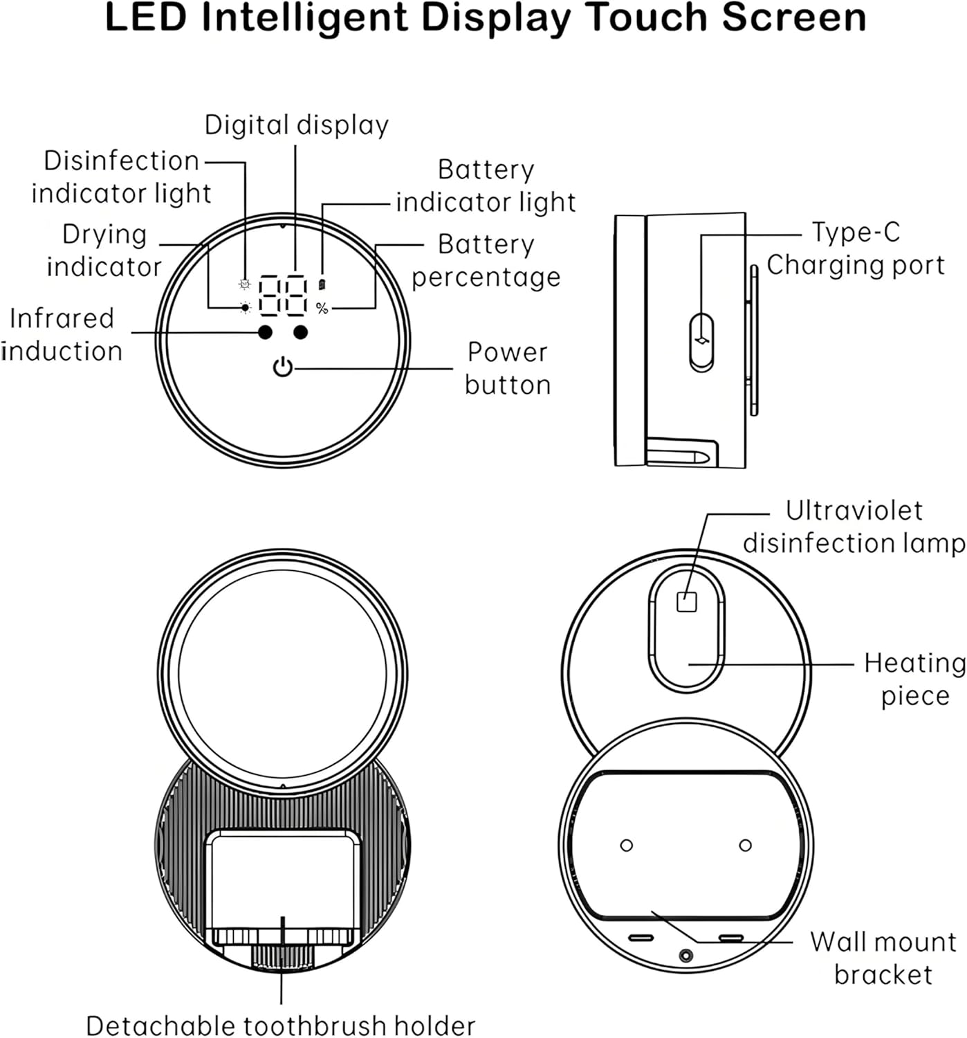 Toothbrush Holders Cleaner & Dryer for Bathroom - Mirror Wall Mounted [Rechargeable, Auto Sensor Open/Close Lid, LED Smart Screen] Adhesive Electric Tooth Brush Razor Holder with Cover for Home Travel
