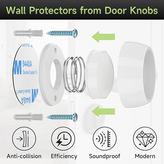 2PCS Door Stopper Wall Protector with Silicone Head, Aluminum Door Knob Wall Protector, Spring Shock Absorption Technology, 1.65" Door Stoppers for Wall, Adhesive Installation or with Screw, White