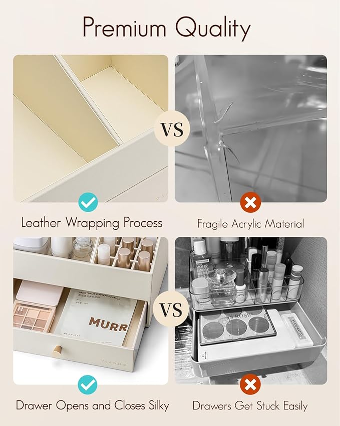 Vlando Makeup Organzier,Vanity Organizer with Drawers, PU Leather Skincare Organizer Perfume Organizer,Large Cosmetic Display Case for Lipstick,Brushes Gifts for Women-Beige
