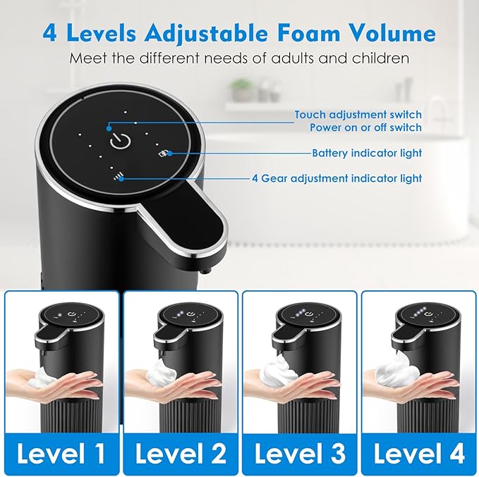 2 Pack Automatic Soap Dispenser Touchless, Rechargeable Foaming Hand Soap Dispenser, 4-Level Adjustable Foam for Bathroom Countertop, Electric（Black）