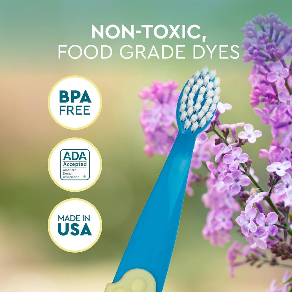 RADIUS Children's Toothbrush, Totz Plus Brush, Extra Soft Bristles, White & Coral/Mint & Grey/Grey & Purple, BPA Free ADA Accepted, for Delicate Teeth & Gums for Children 3 Years & Up, Pack of 3