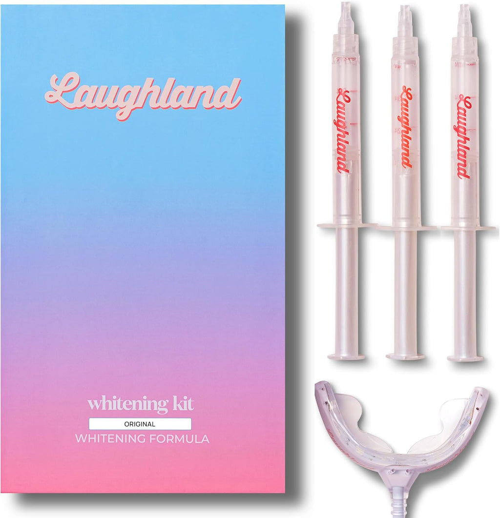 Laughland Original Teeth Whitening Kit, Phone-Powered LED Mouthpiece & 3 Whitening Gel Syringes, 8% Hydrogen Peroxide, Aloe Vera & Mint, for Sensitive Teeth, at-Home Dental Care, 6+ Treatments