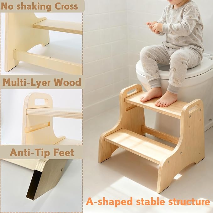 Toddler Step Stool, 2-Step Wooden Step Stool with Adjustable Hight, Sturdy 330lbs Capacity Kid Stool for Toddlers, Easy-Wipe Surface (Natural Wood)
