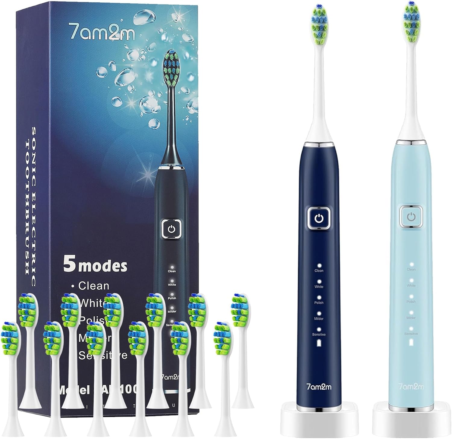 7AM2M Electric Toothbrush 2 Pack Set for Adults, 12 Replacement Brush Heads, 5 Adjustable Modes, Built-in 2-Minute Smart Timer, Fast Charge for 60 Days, IPX7 Waterproof, Navy & Light Blue