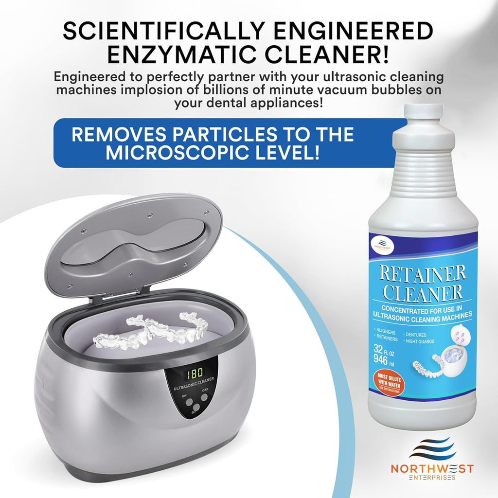 NORTHWEST ENTERPRISES Ultrasonic Retainer Cleaner Solution Concentrate - Denture Cleaner for Ultrasonic Machines - Cleans Mouthguards, Invisalign and Nightguards - Odor, Stain & Discoloration Remover